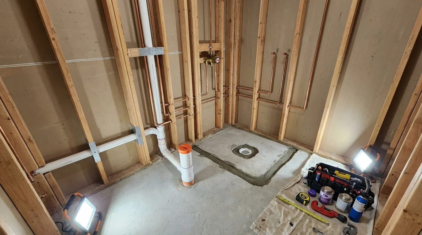 Bathroom rough-in plumbing during remodel by Johns Plumbing LLC in Clarence Center