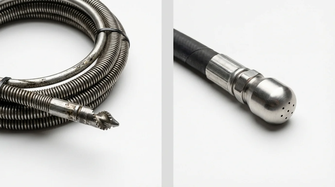 Drain snake cable and hydro jetting nozzle used for drain cleaning in Clarence Center, NY