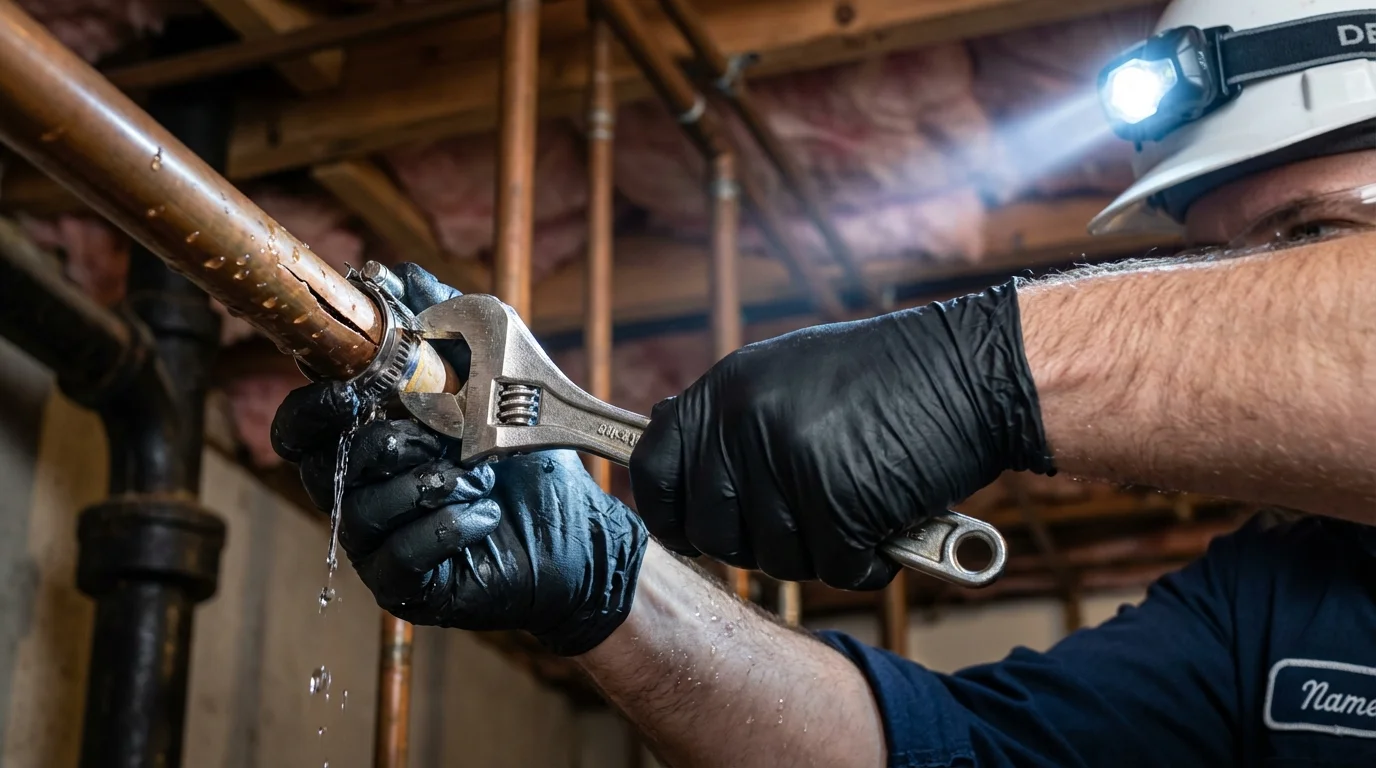 Emergency pipe clamp repair being performed by a Johns Plumbing LLC plumber in Clarence Center