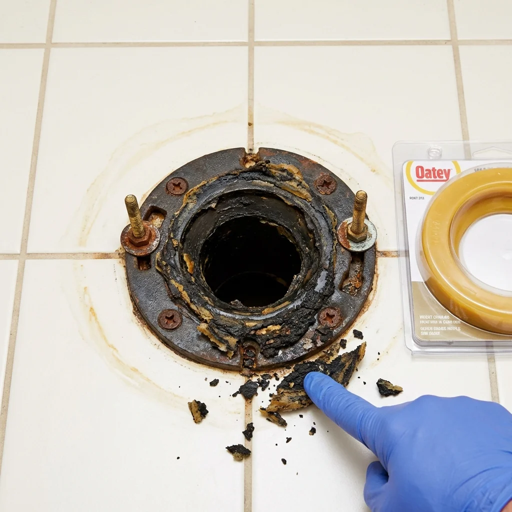 Failed wax ring showing water seepage at the base of a toilet in a Clarence Center, NY home
