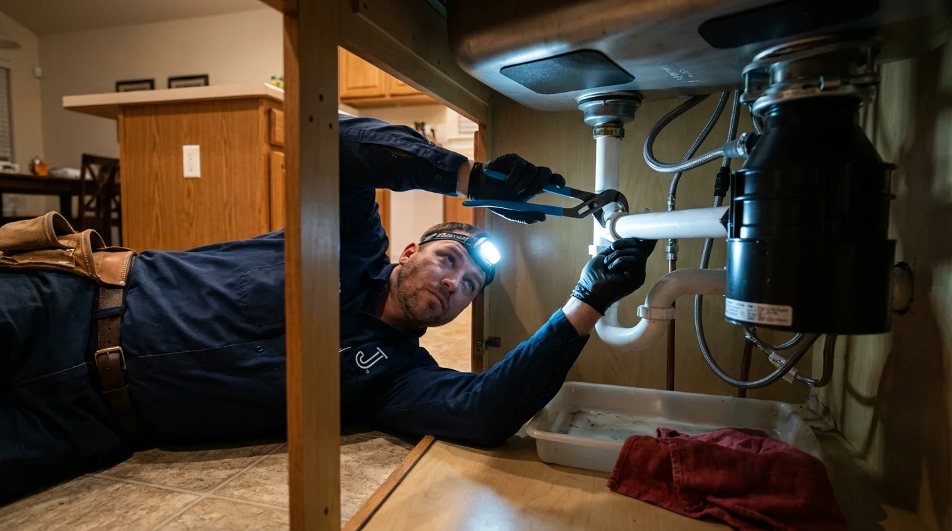 P-trap and supply line connections under a kitchen sink showing a common leak point in Clarence Center, NY
